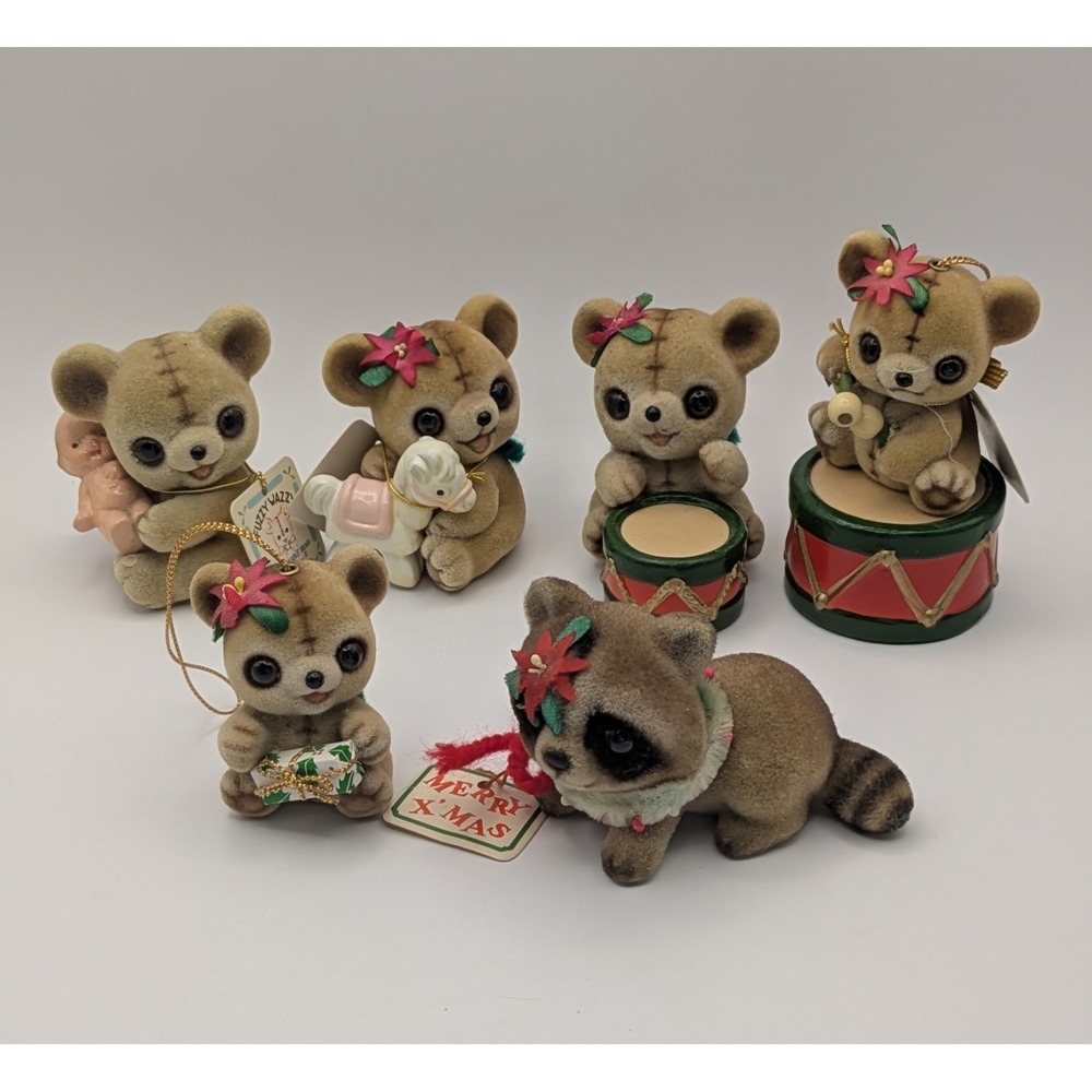 Josef Fuzzy Wazzy Bears Raccoon Christmas Ornaments Drum‎ Doll Horse Lot Of 6